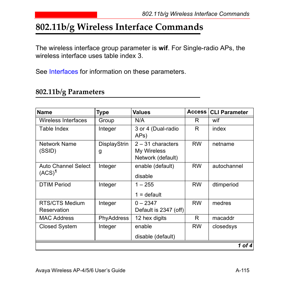 11b/g wireless interface commands, 11b/g parameters, 11b/g wireless interface | Commands | Avaya AP-6 User Manual | Page 461 / 502