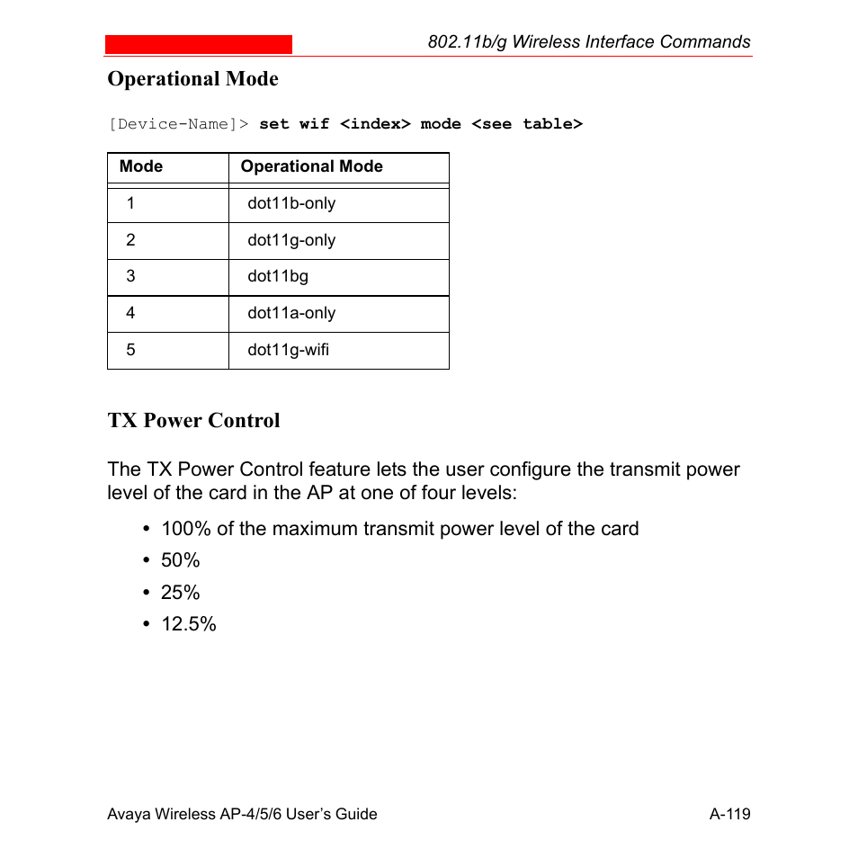 Operational mode, Tx power control | Avaya AP-6 User Manual | Page 465 / 502