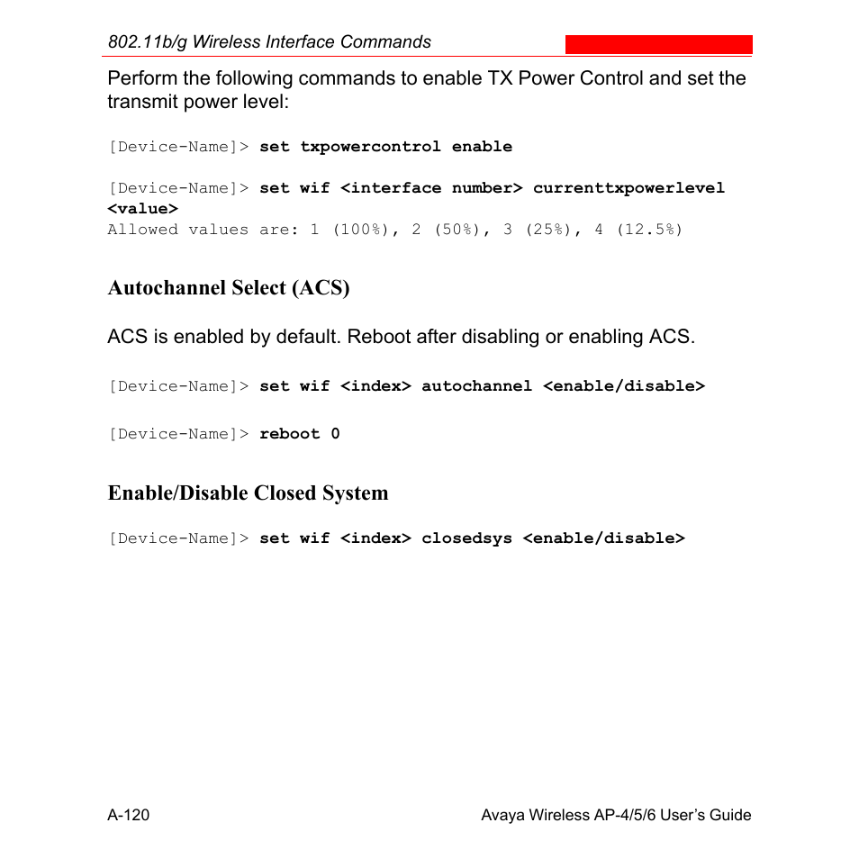 Autochannel select (acs), Enable/disable closed system | Avaya AP-6 User Manual | Page 466 / 502