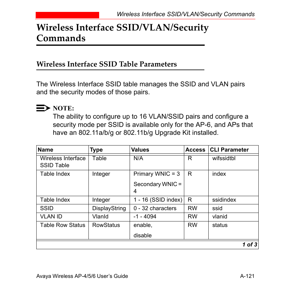 Wireless interface ssid/vlan/security commands, Wireless interface ssid table parameters, Wireless interface | Ssid/vlan/security commands | Avaya AP-6 User Manual | Page 467 / 502
