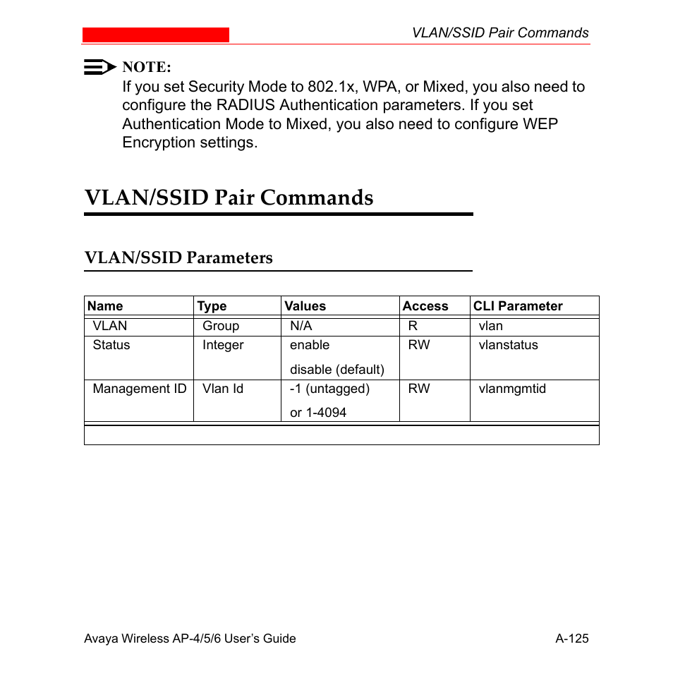 Vlan/ssid pair commands, Vlan/ssid parameters | Avaya AP-6 User Manual | Page 471 / 502