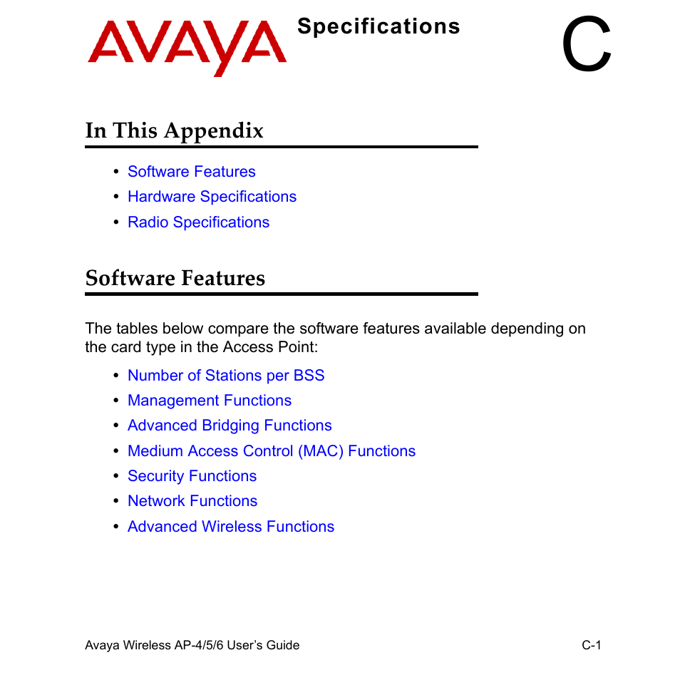 C specifications, In this appendix, Software features | Specifications in this appendix | Avaya AP-6 User Manual | Page 477 / 502