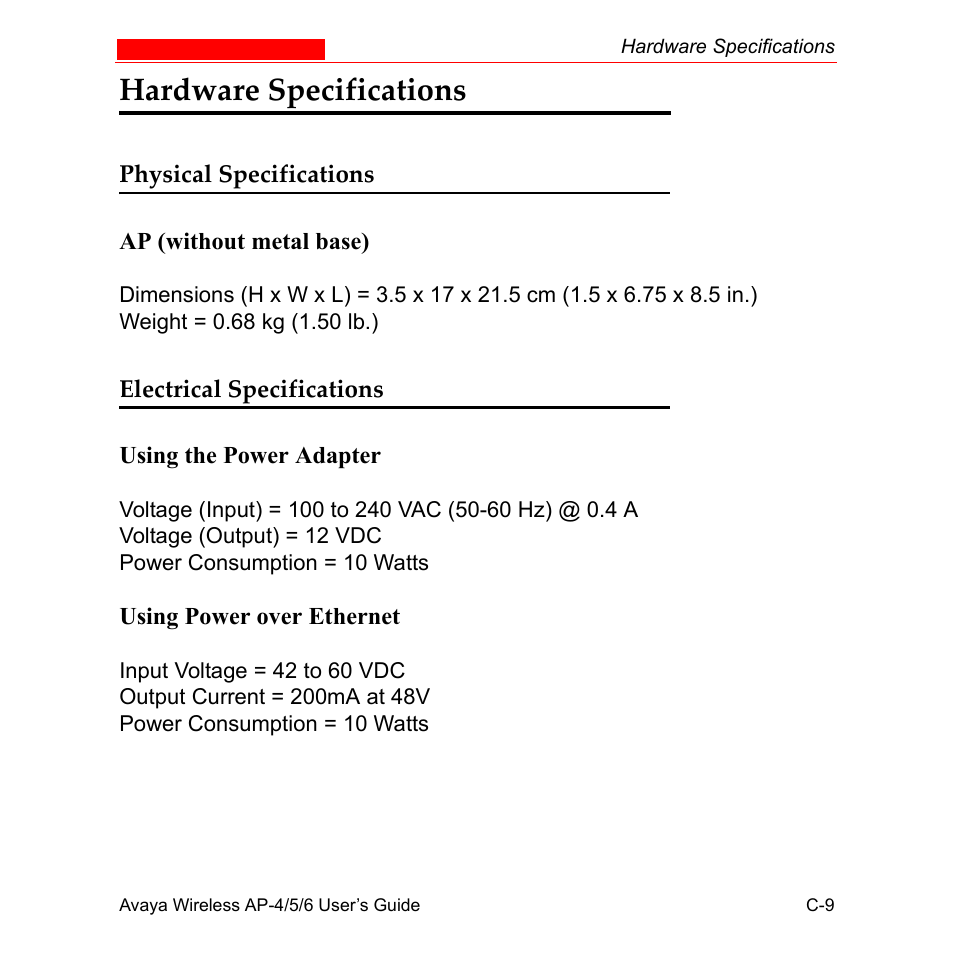 Hardware specifications, Physical specifications, Electrical specifications | Avaya AP-6 User Manual | Page 485 / 502