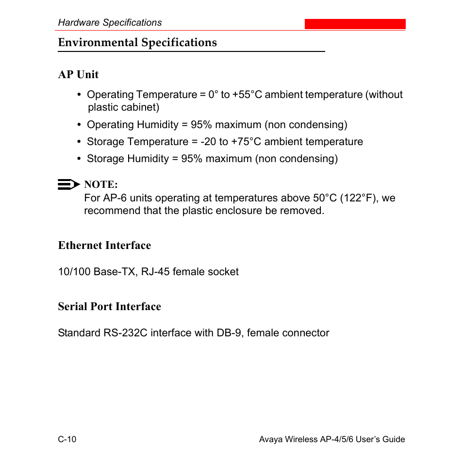 Environmental specifications | Avaya AP-6 User Manual | Page 486 / 502