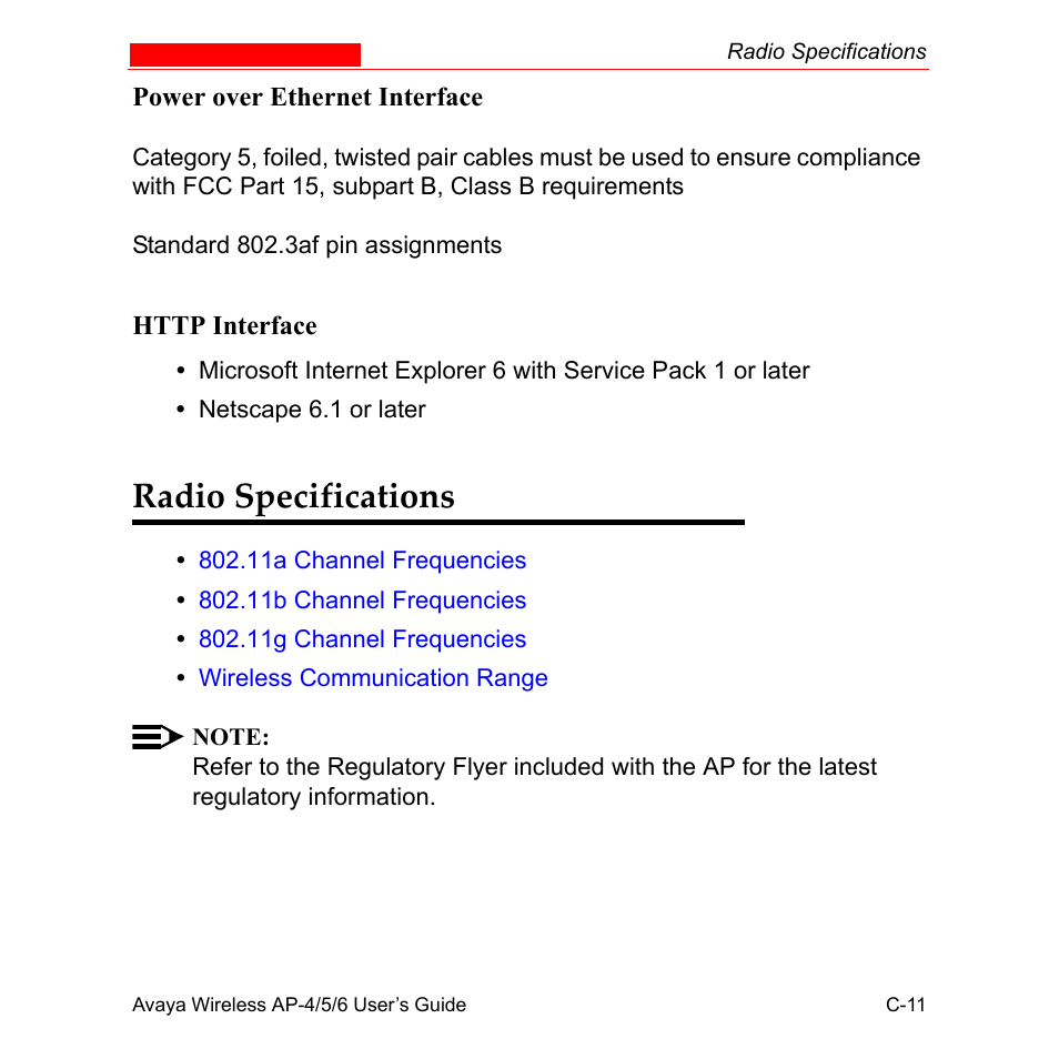 Radio specifications | Avaya AP-6 User Manual | Page 487 / 502