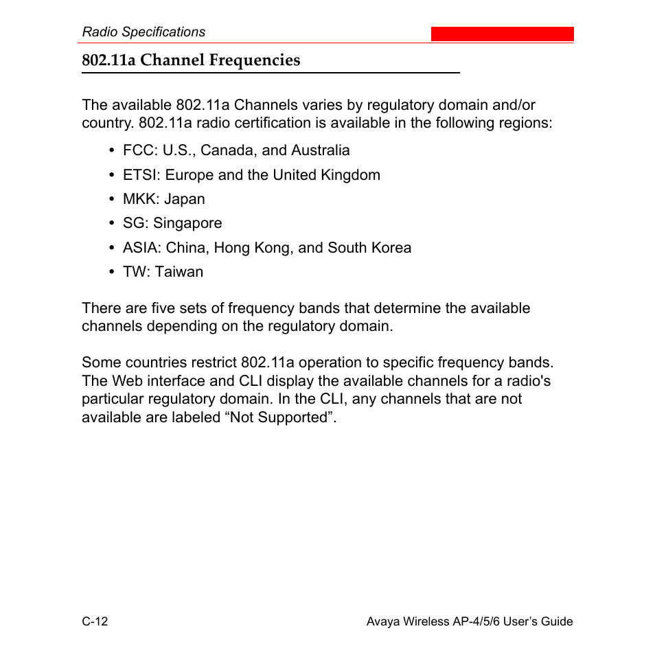 11a channel frequencies, Channel frequencies, 11a channel | Frequencies | Avaya AP-6 User Manual | Page 488 / 502