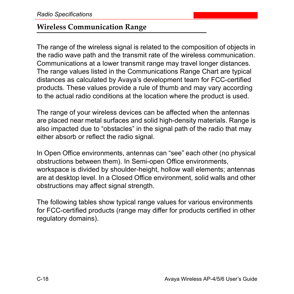 Wireless communication range | Avaya AP-6 User Manual | Page 494 / 502