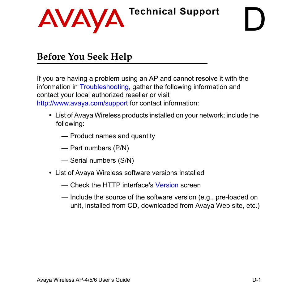 D technical support, Before you seek help, Technical support before you seek help | Avaya AP-6 User Manual | Page 499 / 502