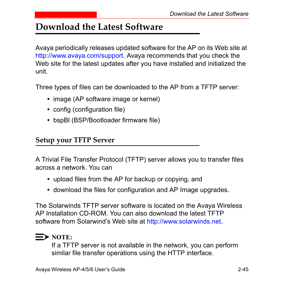 Download the latest software, Setup your tftp server, Download the latest software -45 | Setup your tftp server -45 | Avaya AP-6 User Manual | Page 75 / 502