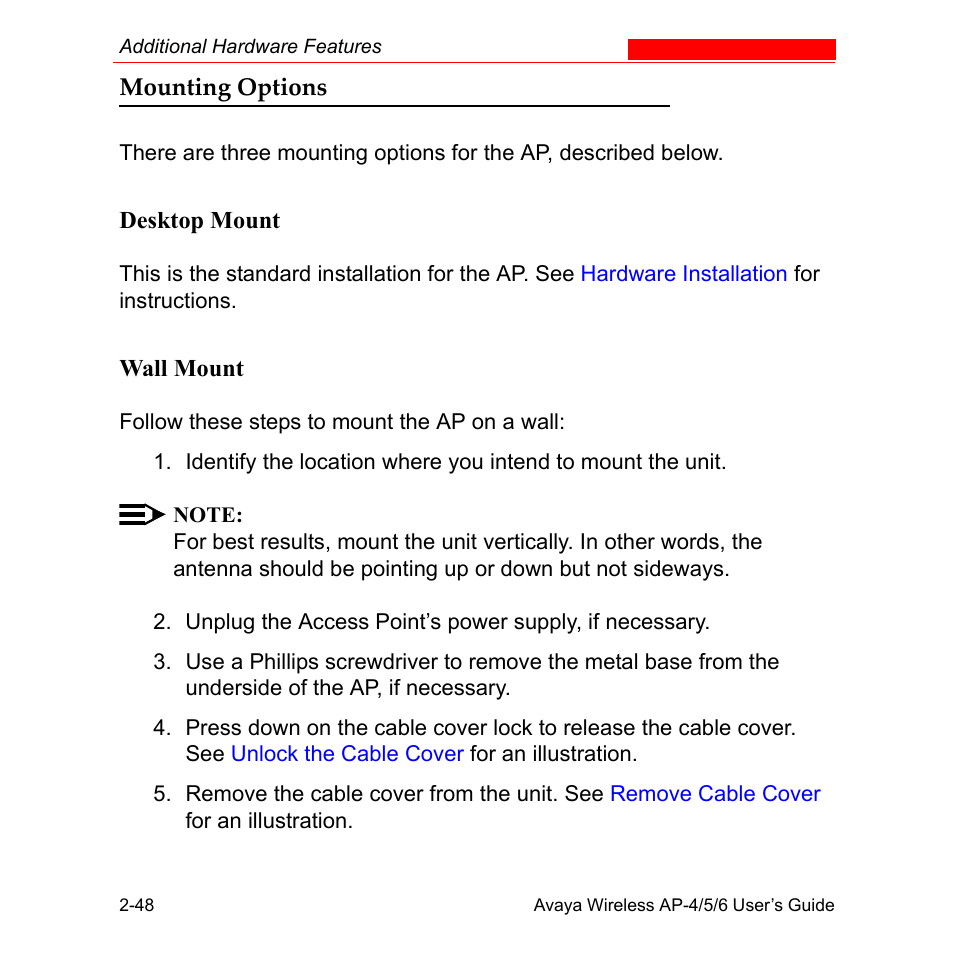 Mounting options, Mounting options -48, Mounting | Options | Avaya AP-6 User Manual | Page 78 / 502