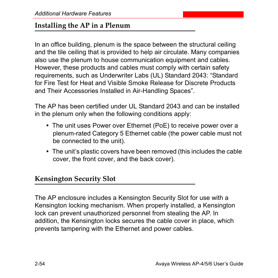 Installing the ap in a plenum, Kensington security slot | Avaya AP-6 User Manual | Page 84 / 502