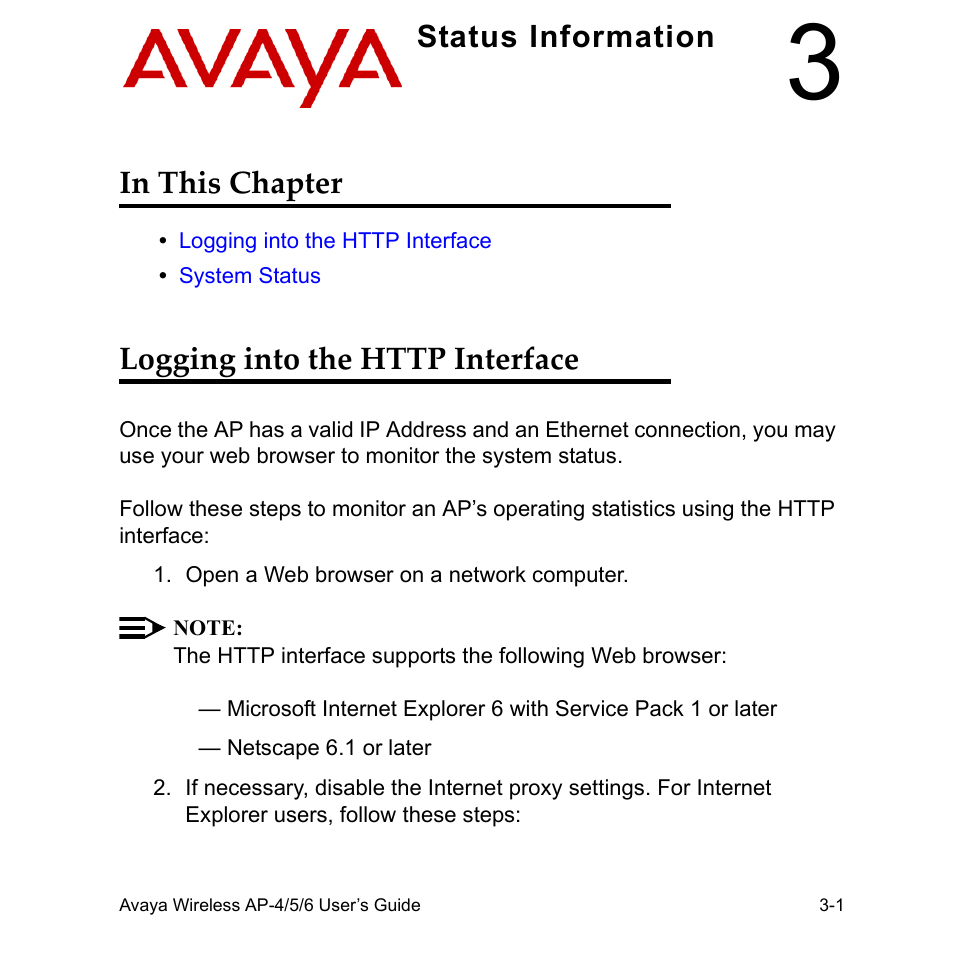 3 status information, In this chapter, Logging into the http interface | 3 status information -1 | Avaya AP-6 User Manual | Page 93 / 502