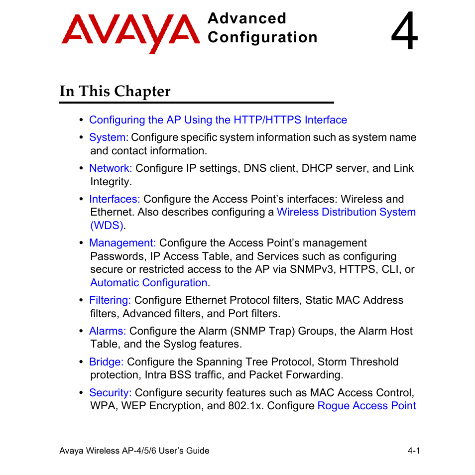 4 advanced configuration, In this chapter, 4 advanced configuration -1 | In this chapter -1, Advanced configuration, Advanced configuration in this chapter | Avaya AP-6 User Manual | Page 99 / 502