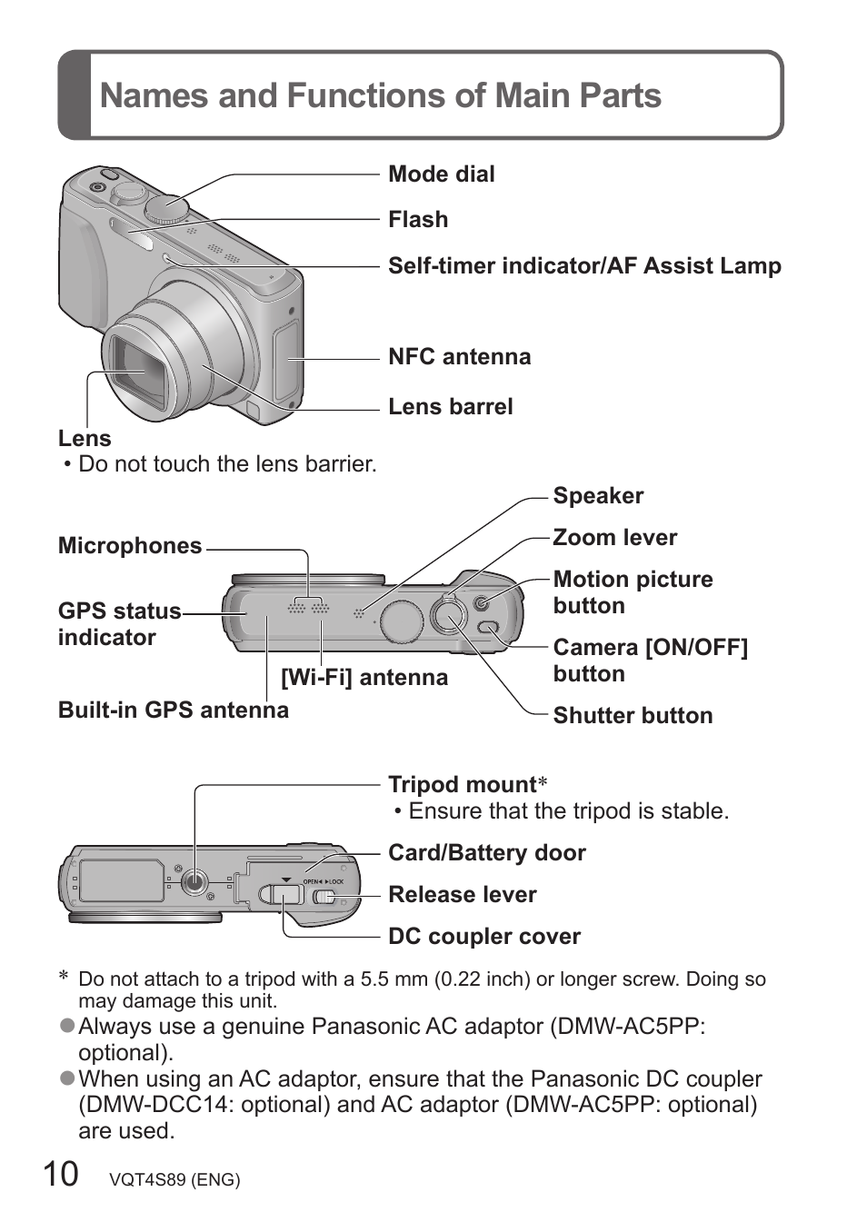 Names and functions of main parts | Panasonic DMC-ZS30K User Manual | Page 10 / 43