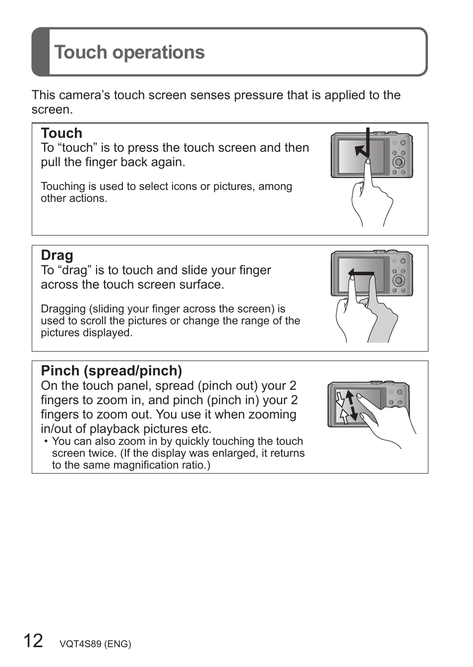 Touch operations | Panasonic DMC-ZS30K User Manual | Page 12 / 43