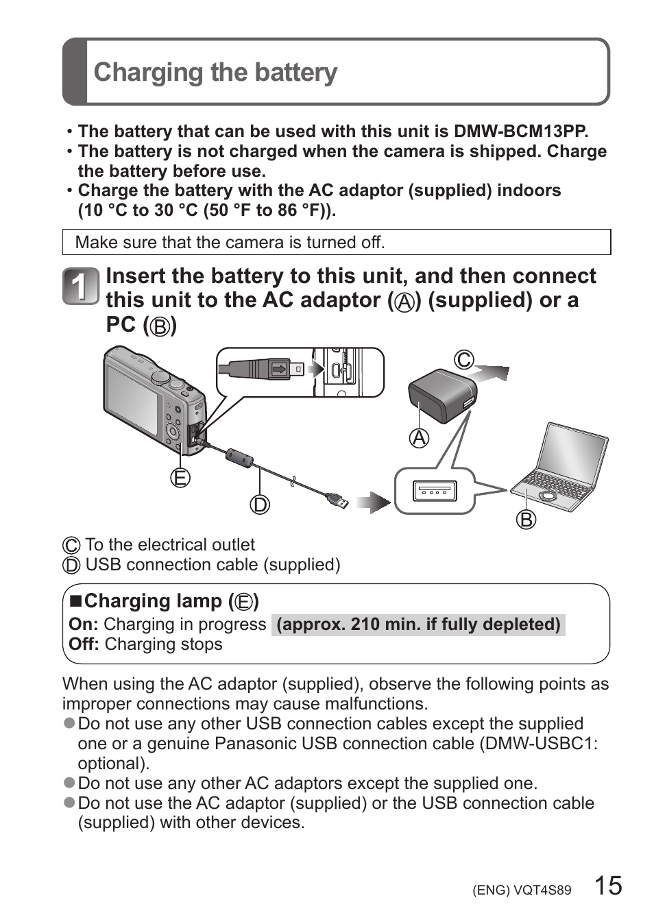 Charging the battery, 15 charging the battery | Panasonic DMC-ZS30K User Manual | Page 15 / 43