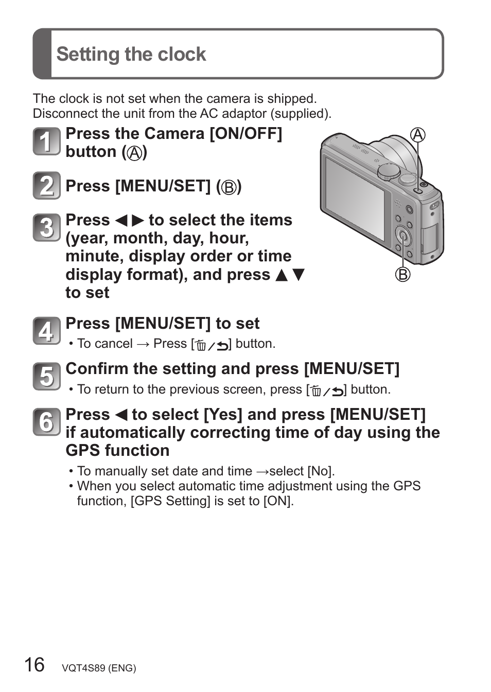 Setting the clock | Panasonic DMC-ZS30K User Manual | Page 16 / 43