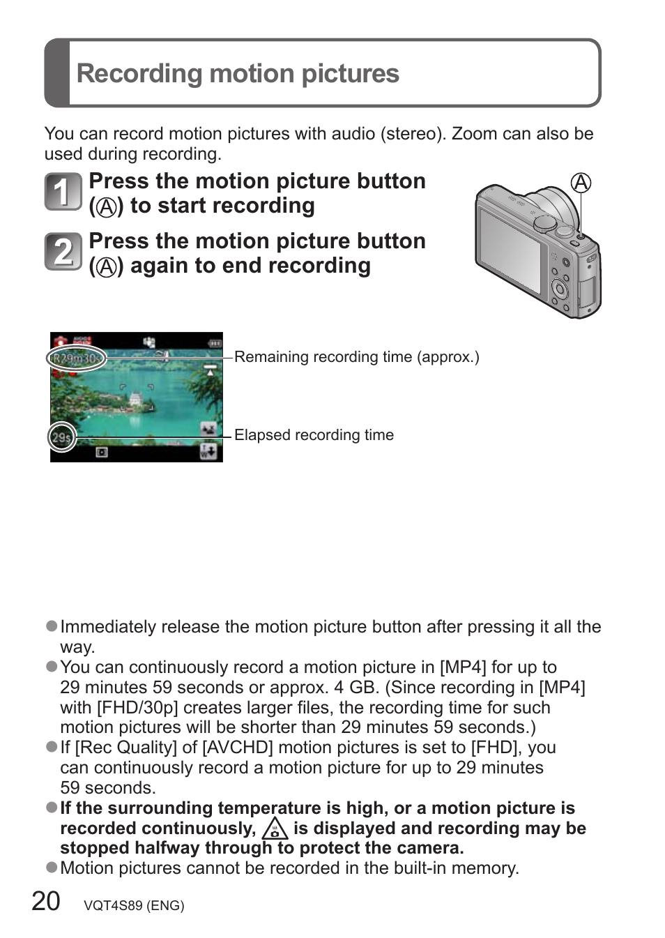 Recording motion pictures | Panasonic DMC-ZS30K User Manual | Page 20 / 43