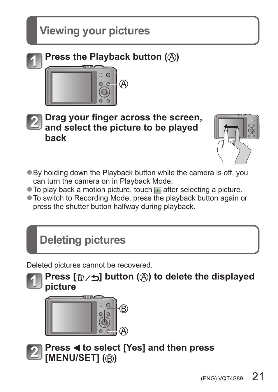 Viewing your pictures, Deleting pictures, 21 viewing your pictures deleting pictures | Panasonic DMC-ZS30K User Manual | Page 21 / 43