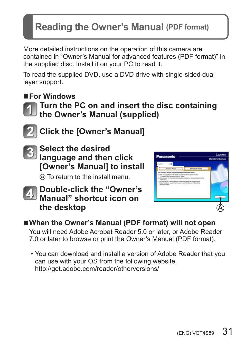 Reading the owner’s manual (pdf format), 31 reading the owner’s manual | Panasonic DMC-ZS30K User Manual | Page 31 / 43