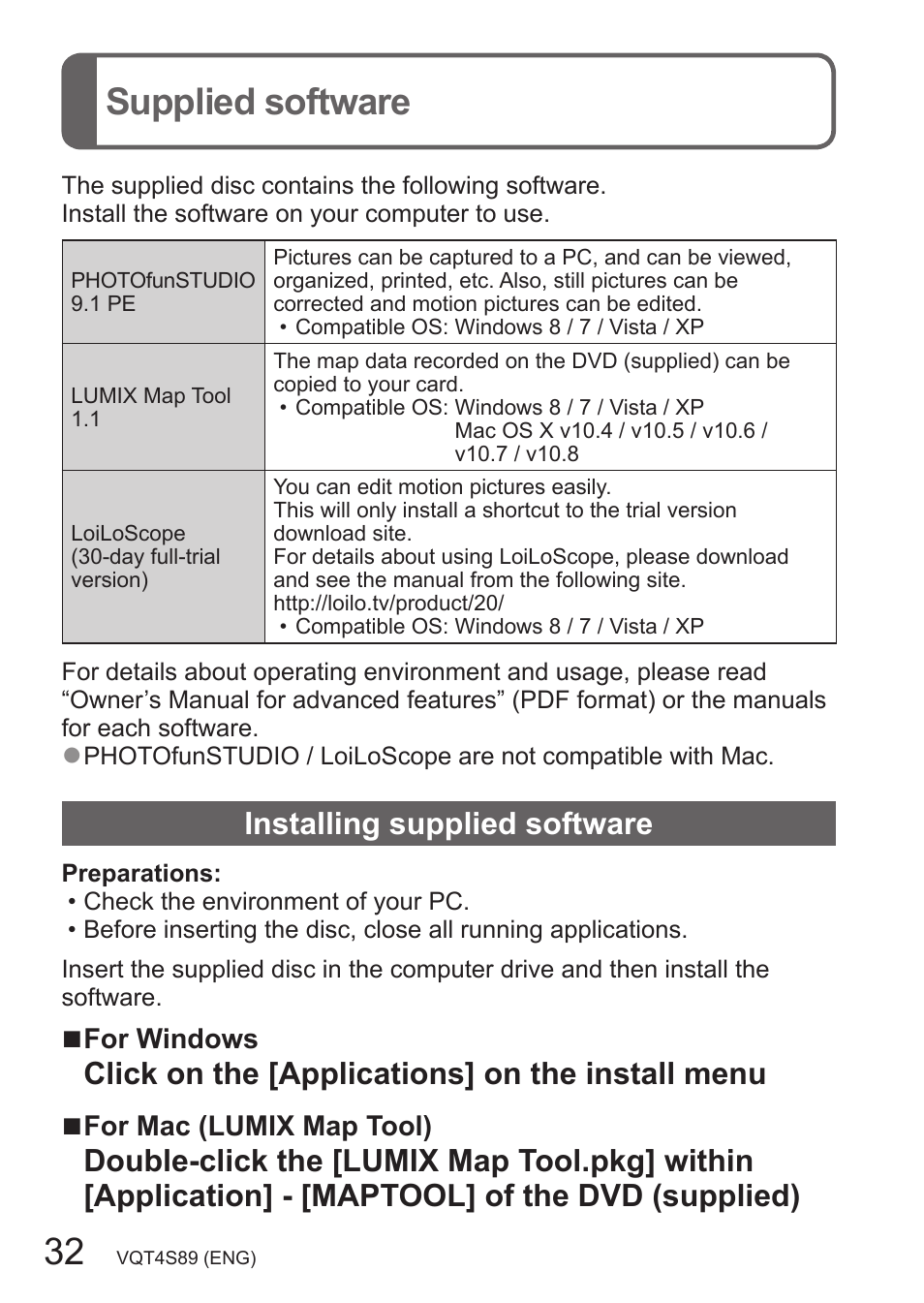 Supplied software, Installing supplied software, Click on the [applications] on the install menu | Panasonic DMC-ZS30K User Manual | Page 32 / 43