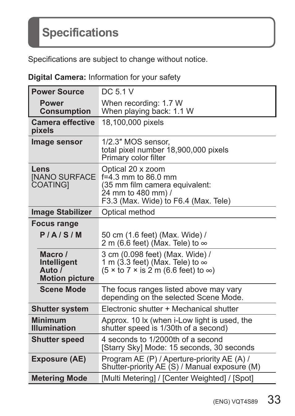 Specifications, 33 specifications | Panasonic DMC-ZS30K User Manual | Page 33 / 43