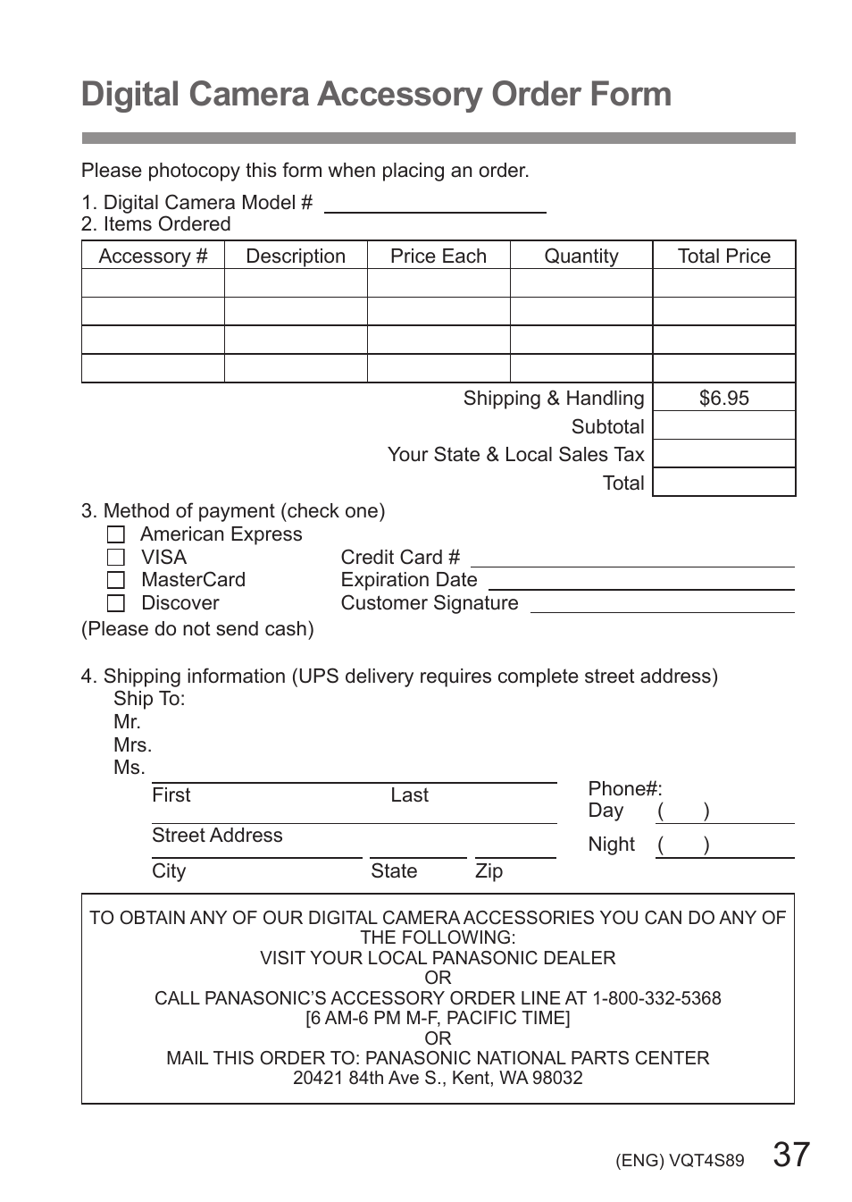 Digital camera accessory order form, 37 digital camera accessory order form | Panasonic DMC-ZS30K User Manual | Page 37 / 43