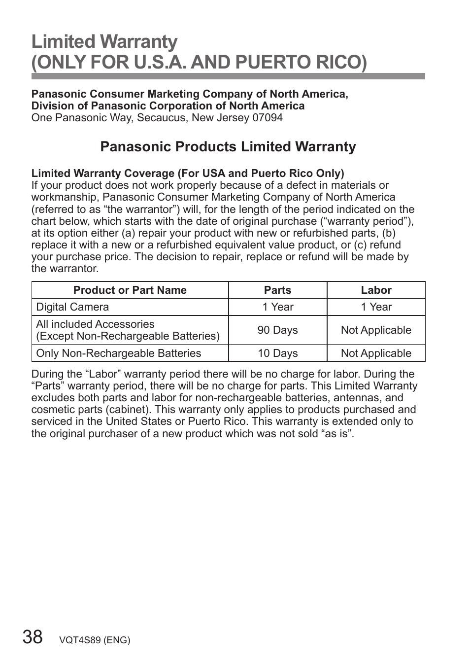 Limited warranty (only for u.s.a. and puerto rico), Panasonic products limited warranty | Panasonic DMC-ZS30K User Manual | Page 38 / 43