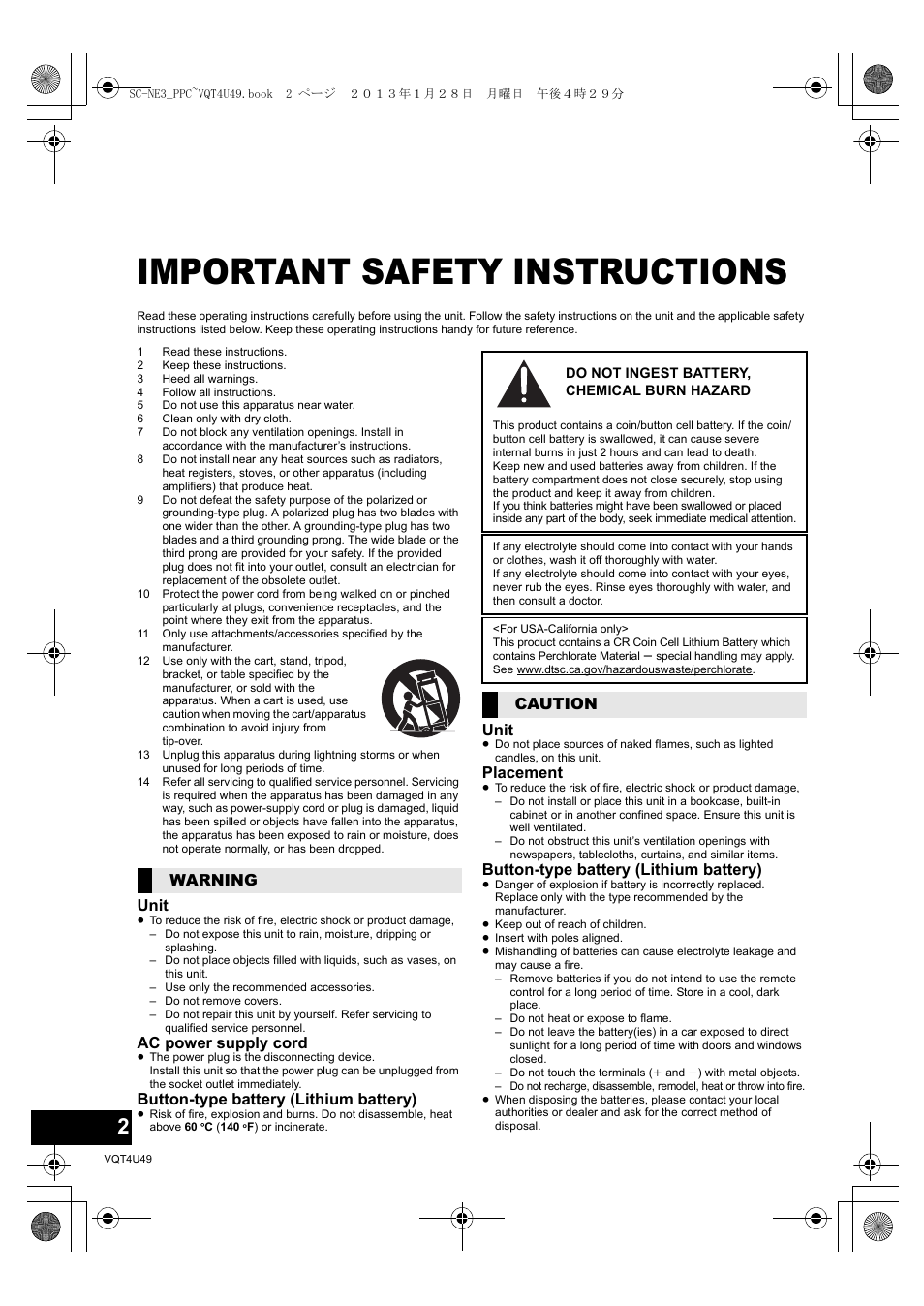 Important safety instructions, Unit, Ac power supply cord | Button-type battery (lithium battery), Placement, Warning, Caution | Panasonic SC-NE3 User Manual | Page 2 / 24