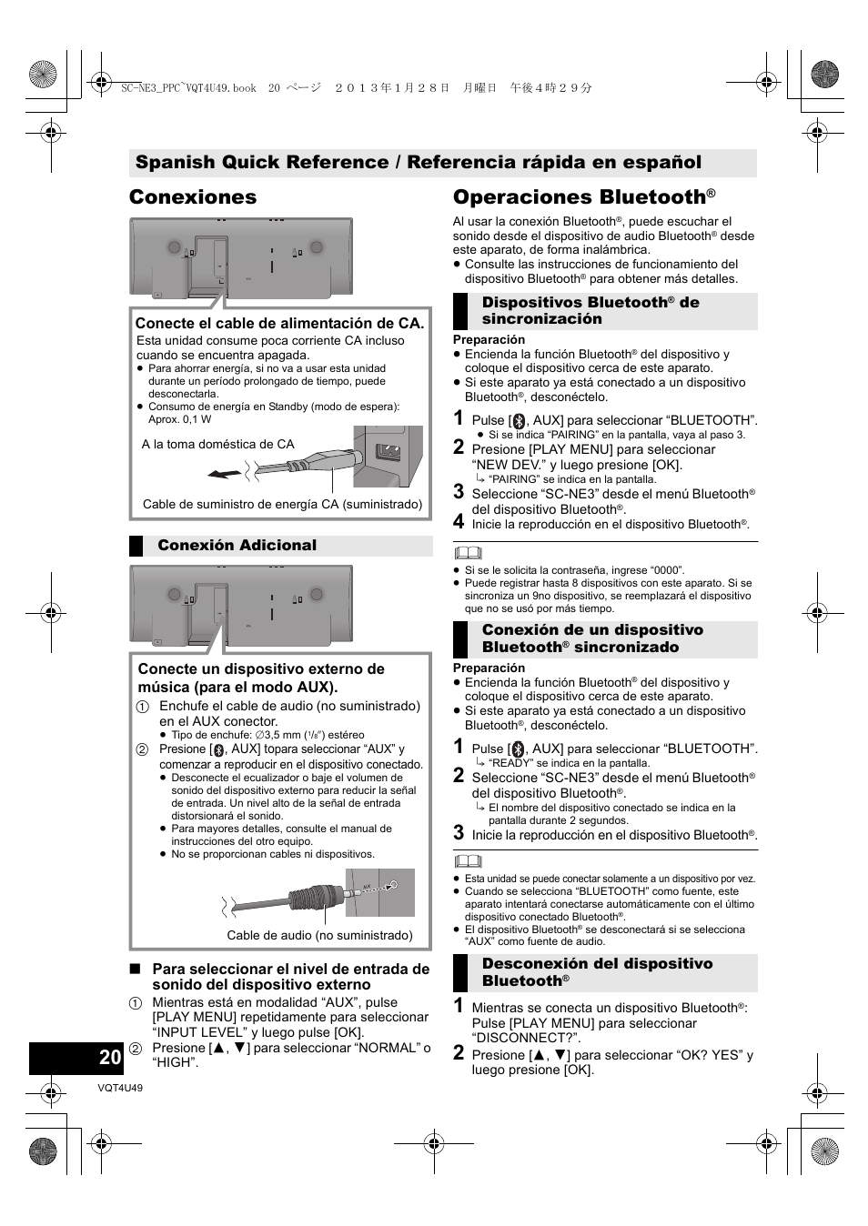 Conexiones, Operaciones bluetooth | Panasonic SC-NE3 User Manual | Page 20 / 24