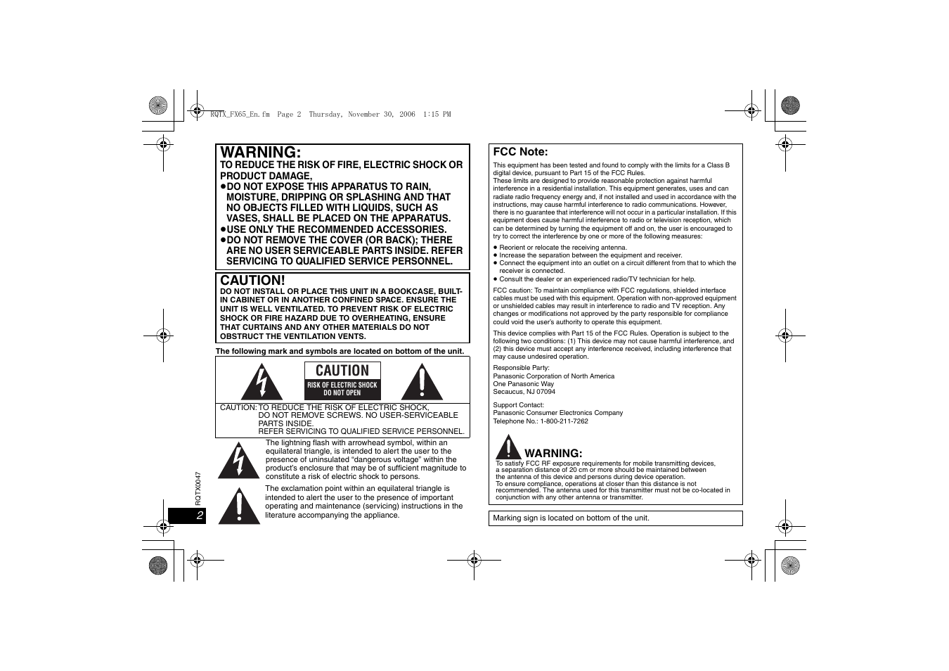 Warning, Caution | Panasonic SH-FX65 User Manual | Page 2 / 12