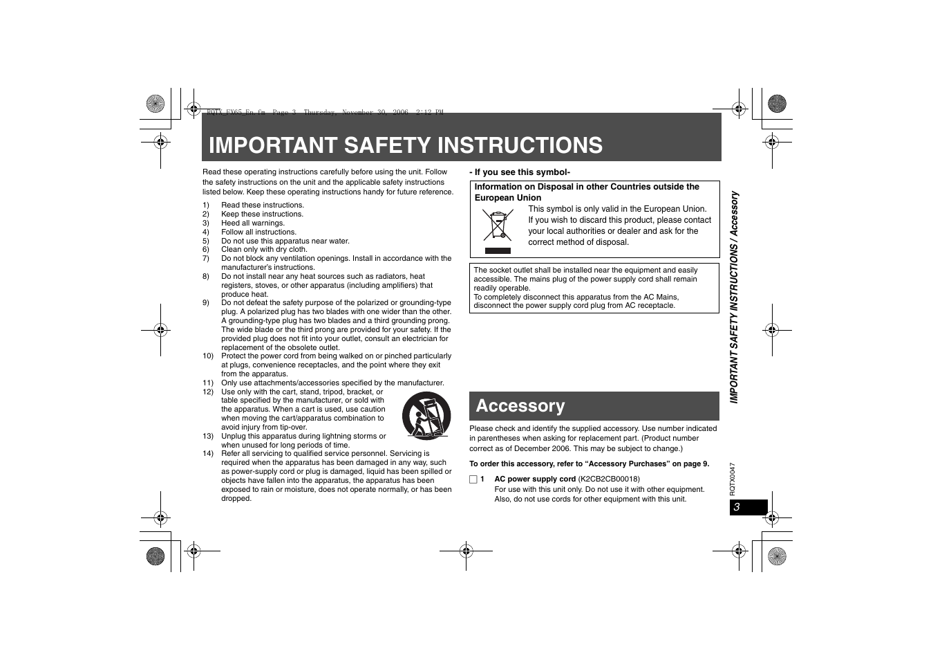 Imporant safety instructions, Accessory, Important safety instructions | Panasonic SH-FX65 User Manual | Page 3 / 12