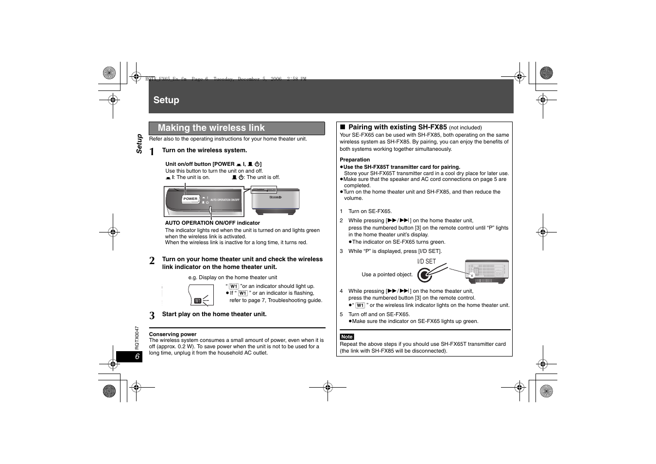 Setup, Making the wireless link | Panasonic SH-FX65 User Manual | Page 6 / 12