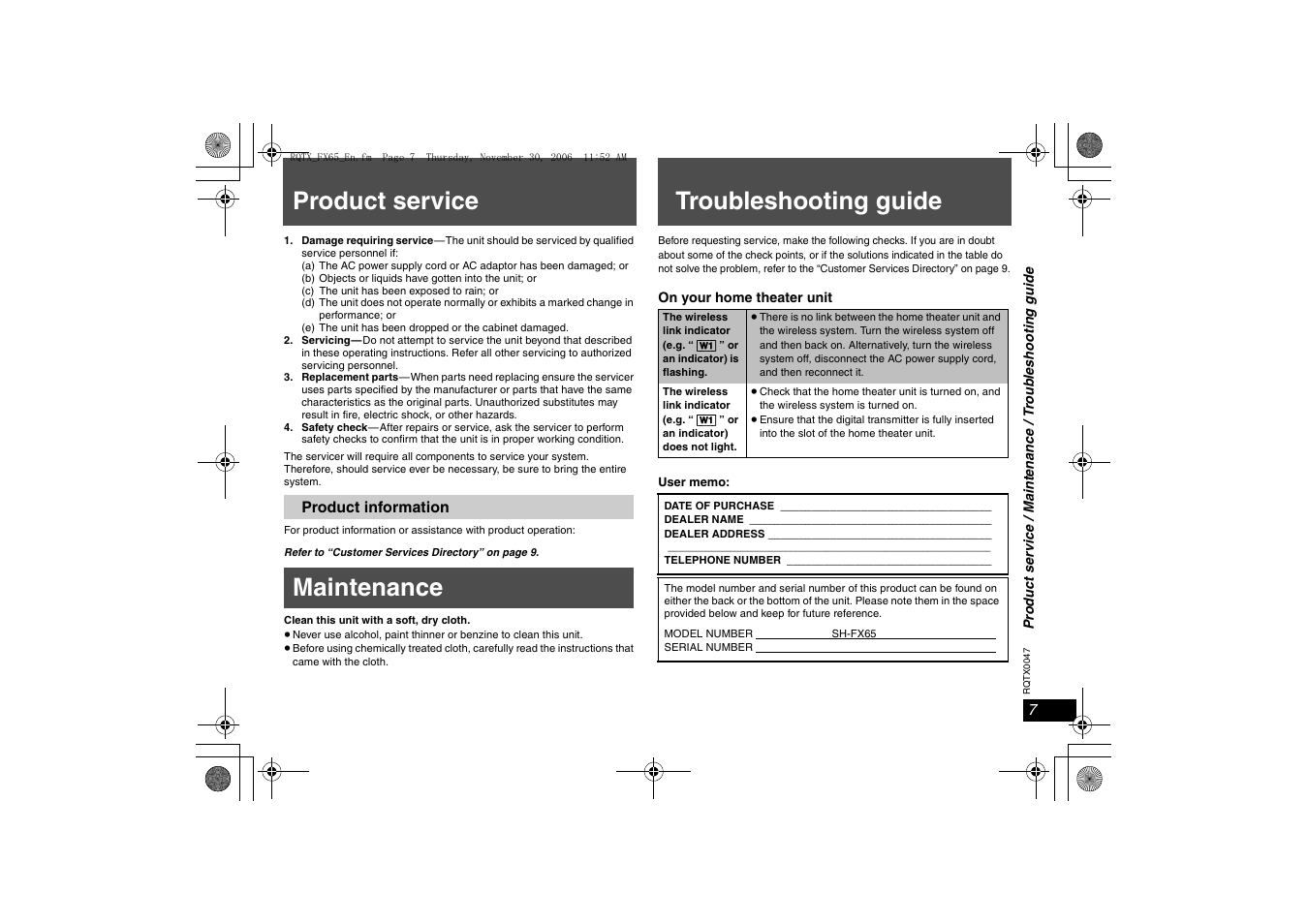 Reference, Product service, Maintenance | Troubleshooting guide, Maintenance troubleshooting guide | Panasonic SH-FX65 User Manual | Page 7 / 12