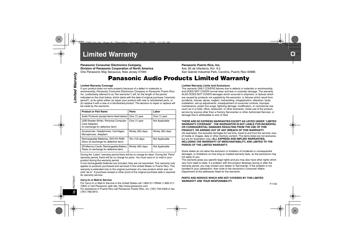 Limited warranty, Panasonic audio products limited warranty | Panasonic SH-FX65 User Manual | Page 8 / 12