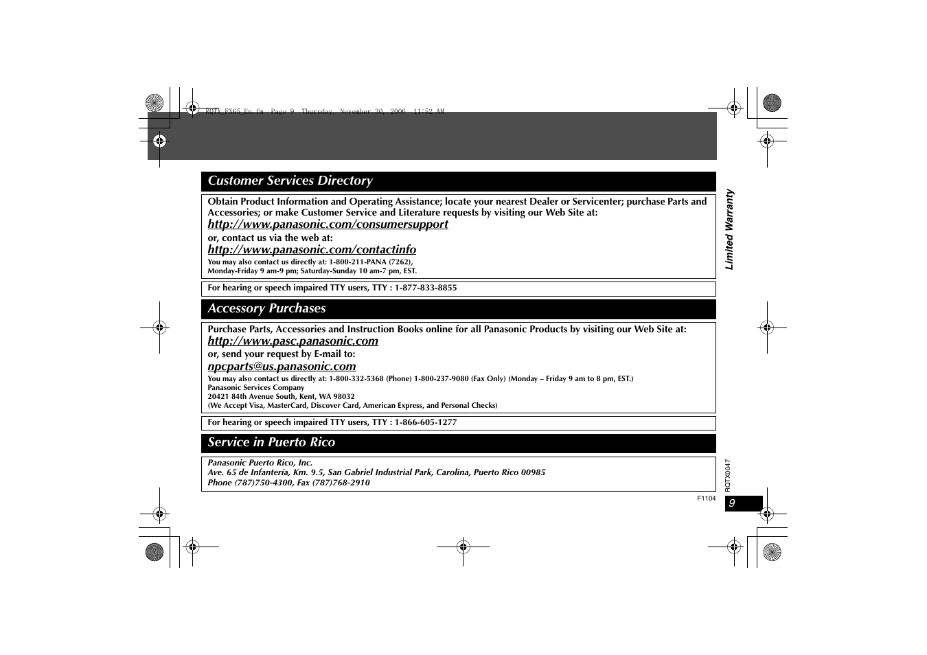 Customer services directory, Accessory purchases, Service in puerto rico | Panasonic SH-FX65 User Manual | Page 9 / 12