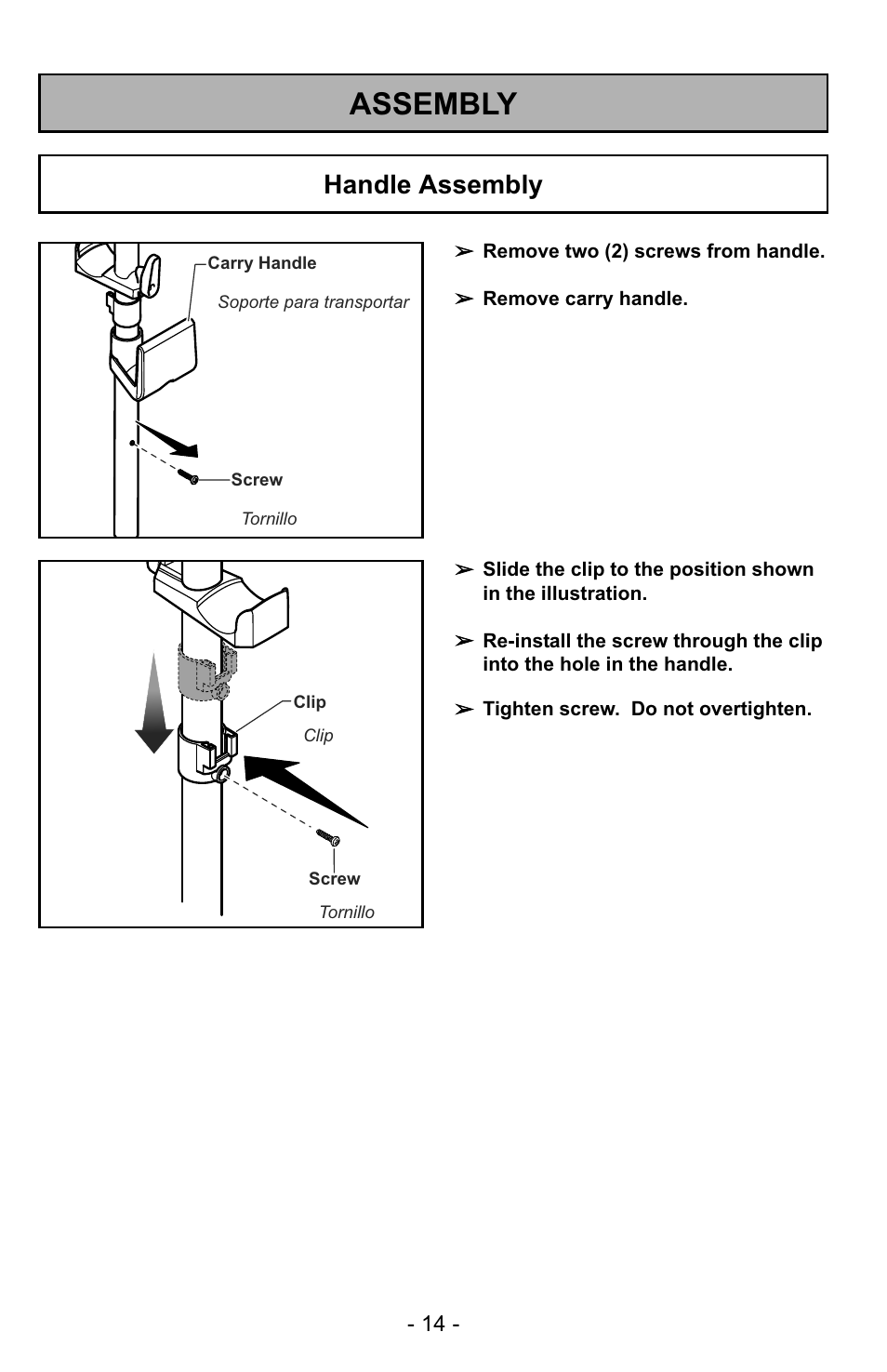 Assembly, Handle assembly | Panasonic MC-UG729 User Manual | Page 14 / 64