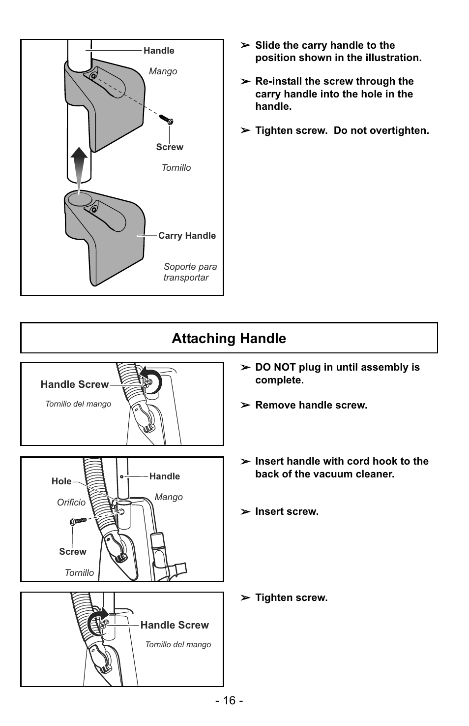 Attaching handle | Panasonic MC-UG729 User Manual | Page 16 / 64