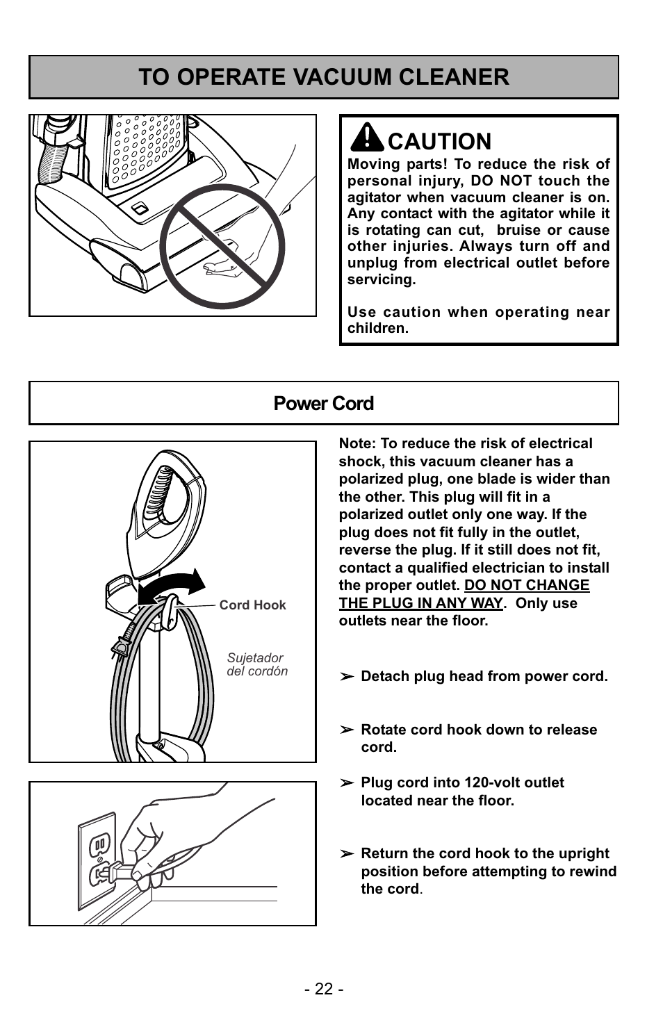 Caution, Power cord | Panasonic MC-UG729 User Manual | Page 22 / 64