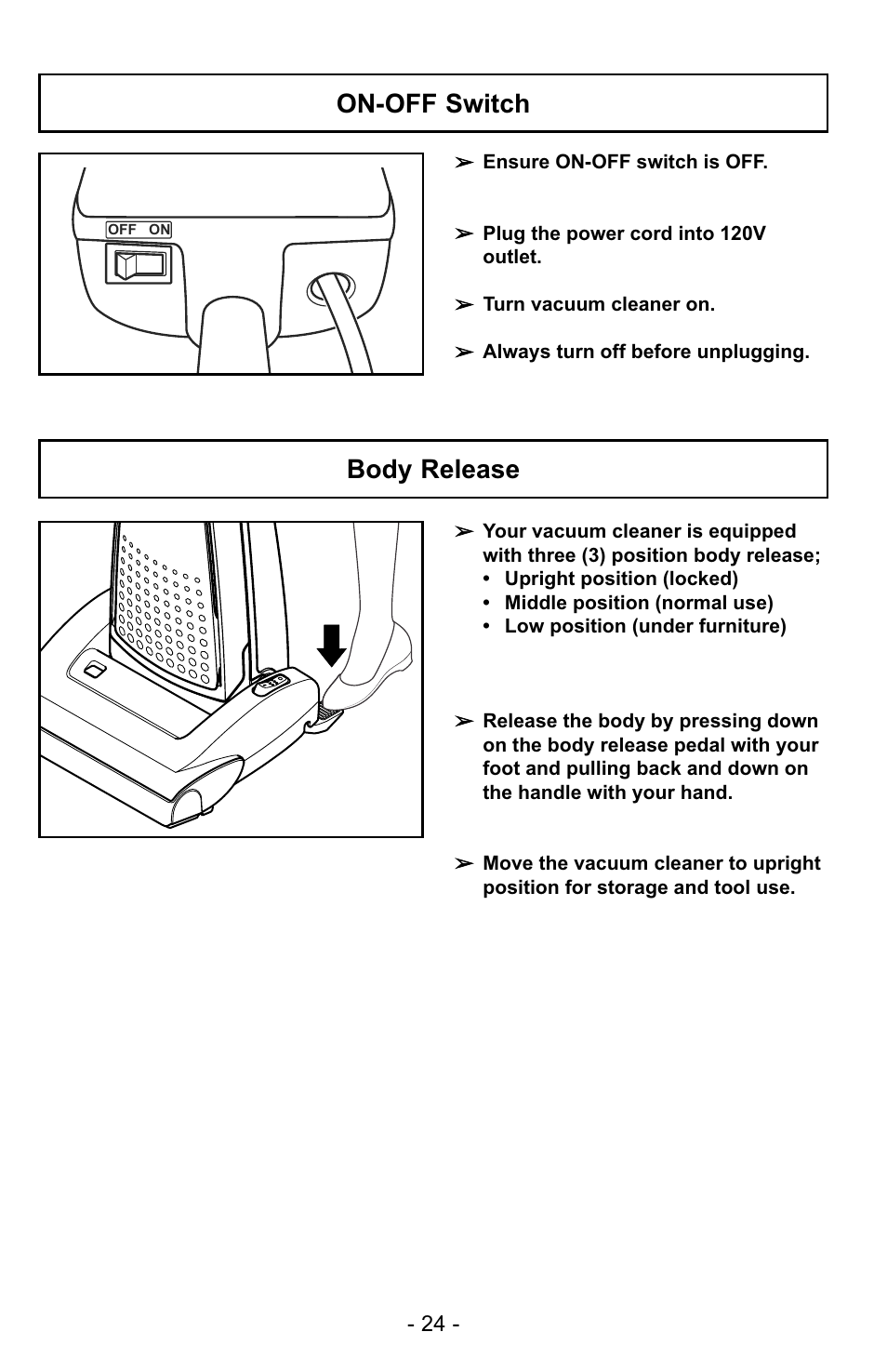 On-off switch, Body release | Panasonic MC-UG729 User Manual | Page 24 / 64