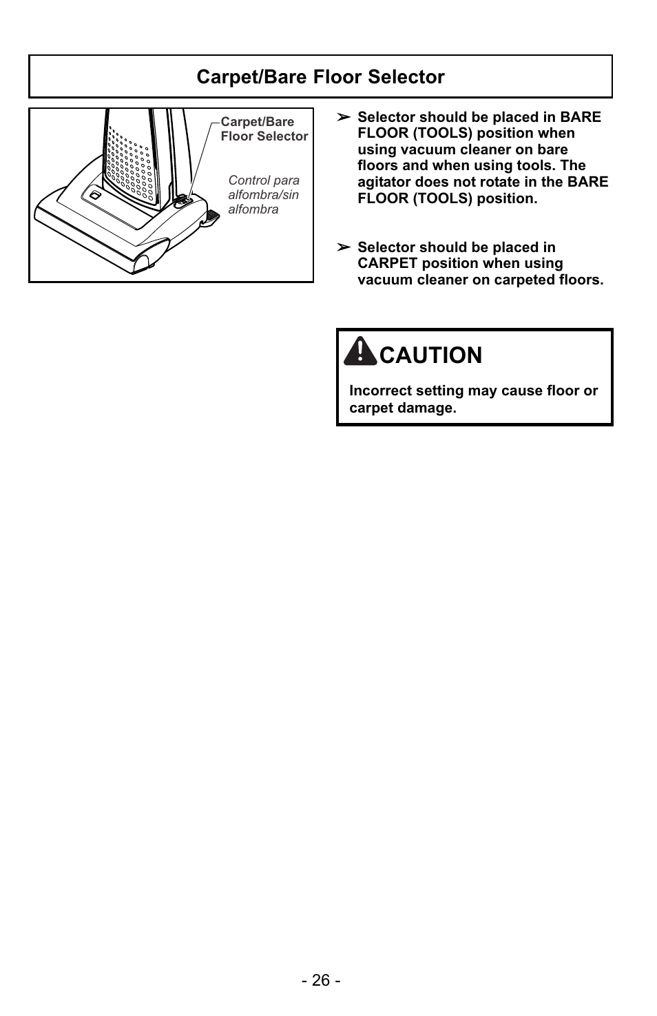 Caution, Carpet/bare floor selector | Panasonic MC-UG729 User Manual | Page 26 / 64