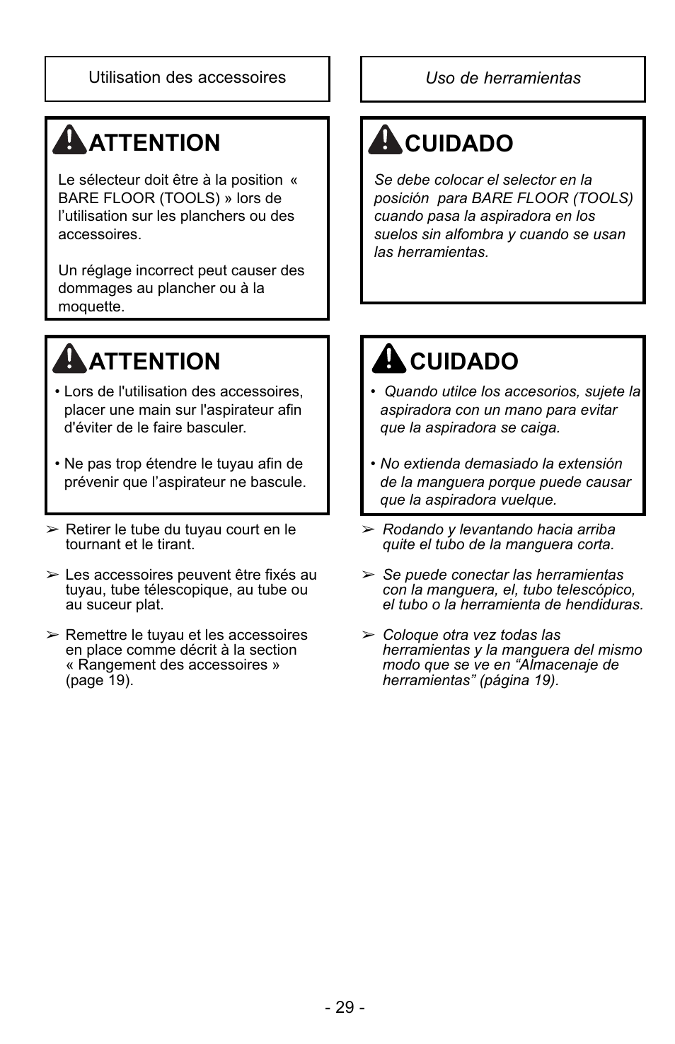 Attention, Cuidado | Panasonic MC-UG729 User Manual | Page 29 / 64