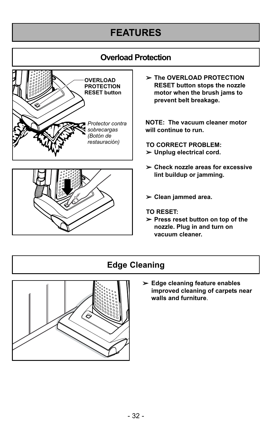 Features, Overload protection, Edge cleaning | Panasonic MC-UG729 User Manual | Page 32 / 64