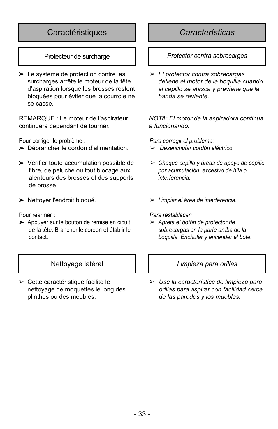 Características caractéristiques | Panasonic MC-UG729 User Manual | Page 33 / 64