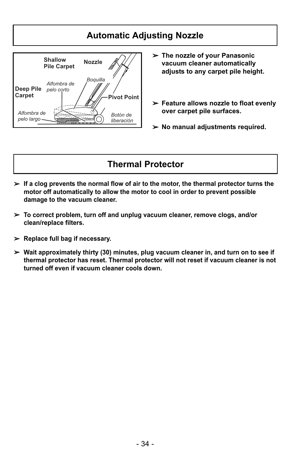 Automatic adjusting nozzle, Thermal protector | Panasonic MC-UG729 User Manual | Page 34 / 64