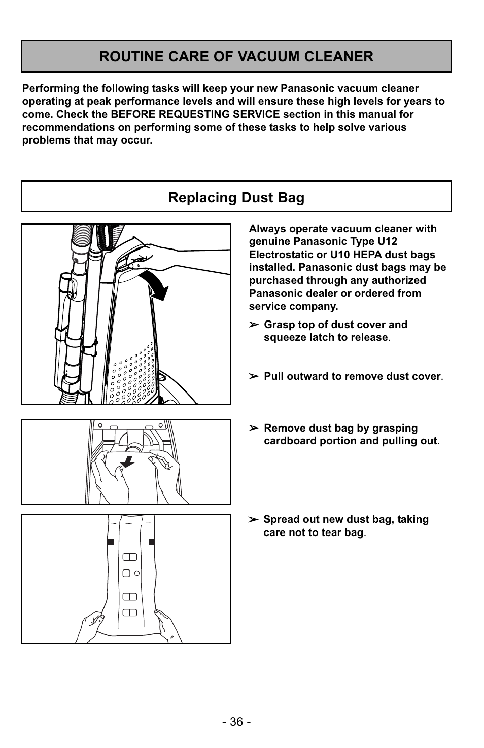 Routine care of vacuum cleaner, Replacing dust bag | Panasonic MC-UG729 User Manual | Page 36 / 64