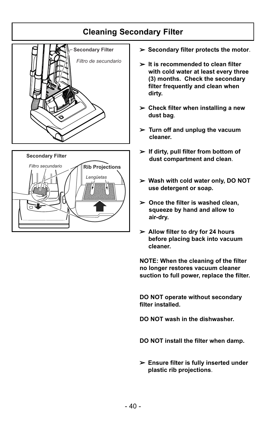 Cleaning secondary filter | Panasonic MC-UG729 User Manual | Page 40 / 64