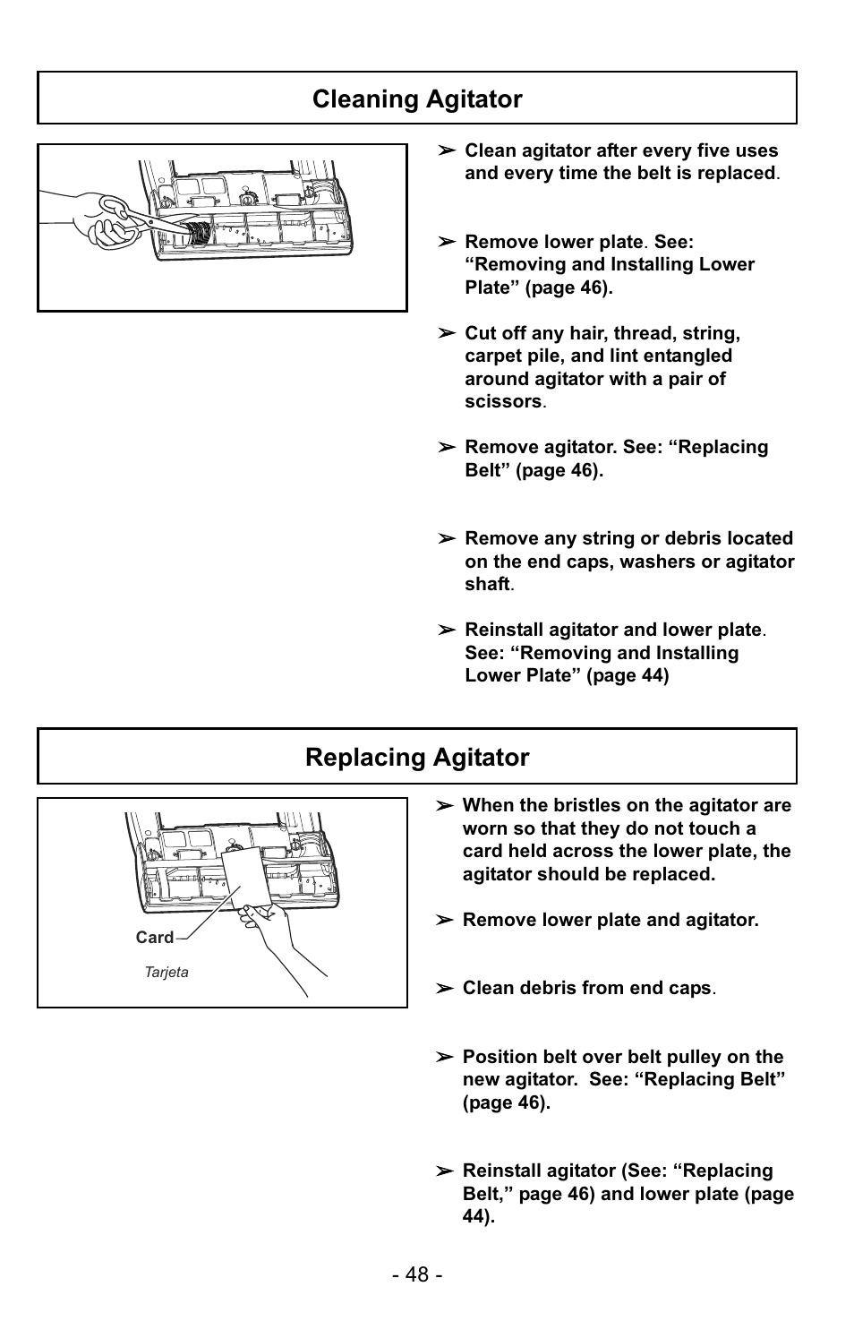 Cleaning agitator, Replacing agitator | Panasonic MC-UG729 User Manual | Page 48 / 64