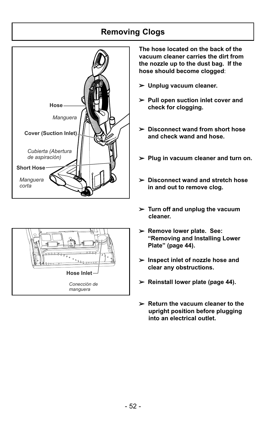 Removing clogs | Panasonic MC-UG729 User Manual | Page 52 / 64