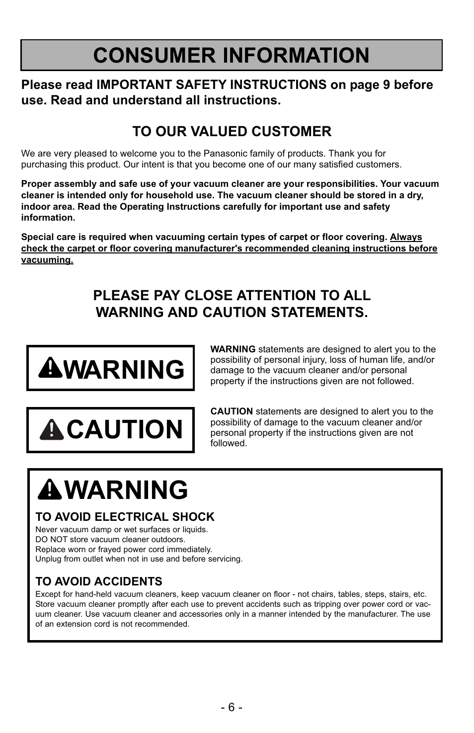 Warning, Caution, Consumer information | Panasonic MC-UG729 User Manual | Page 6 / 64